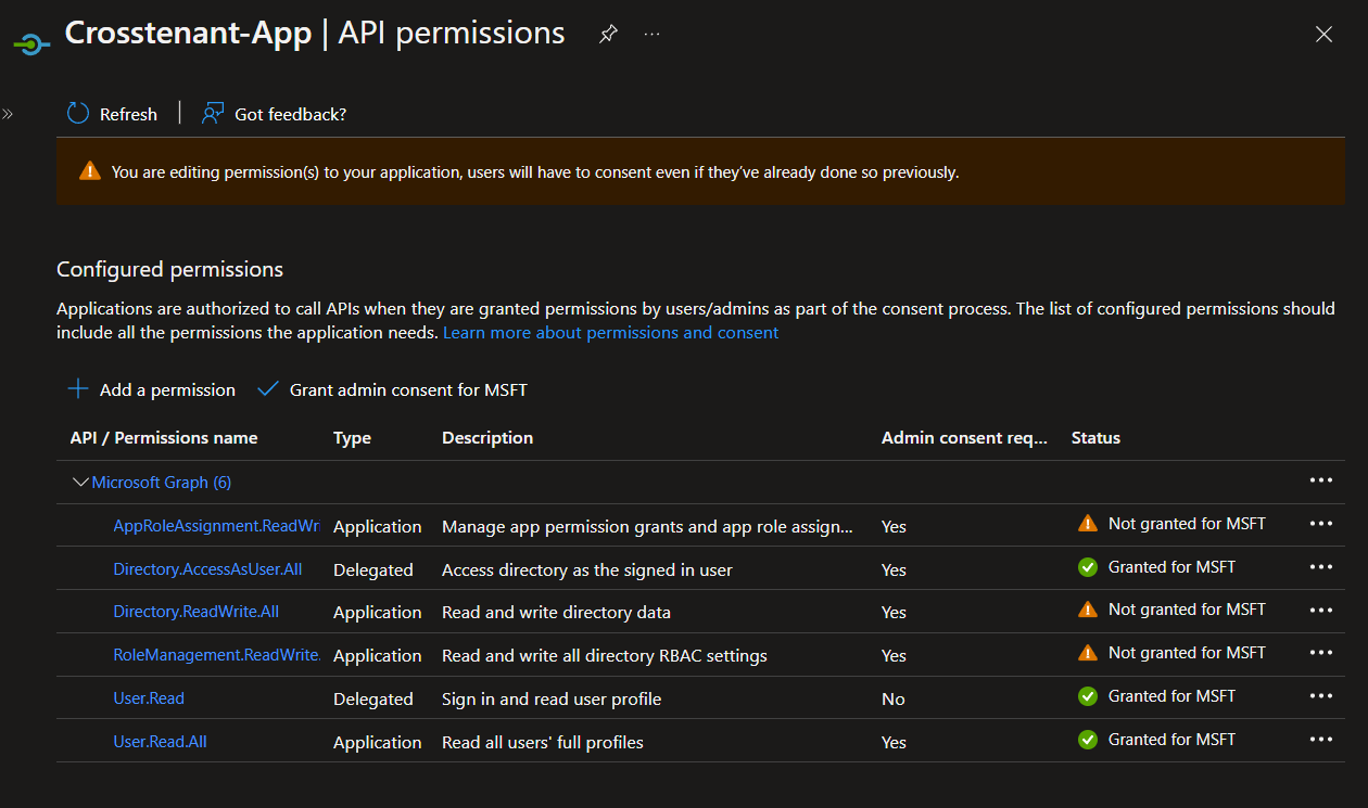 Permissions added but not consented to